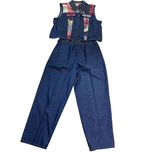 Koret 2 Piece Vest Pants Set Women L Petite Denim Floral Patchwork Vintage (944)